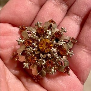 Vintage Amber Crystal Flower Brooch